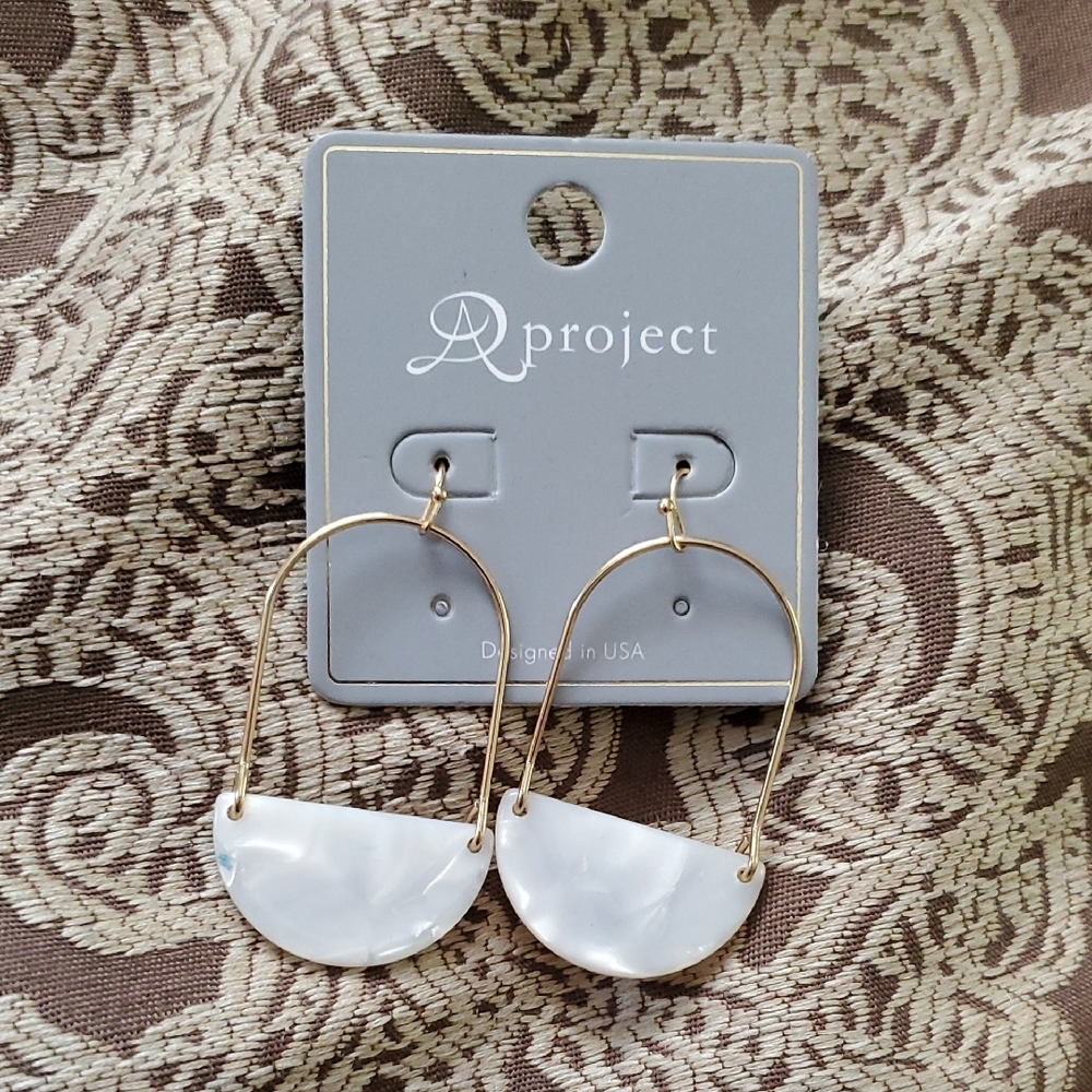 Chic Gold and White Half-Moon Earrings